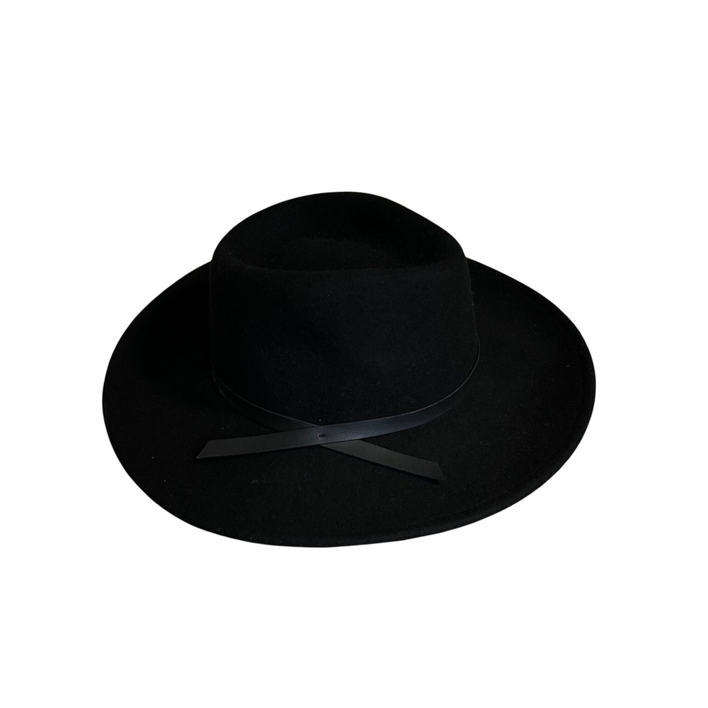 Black 100% Wool Wide Brim Fedora Hat with‎ Faux Leather Band Bohemian Western